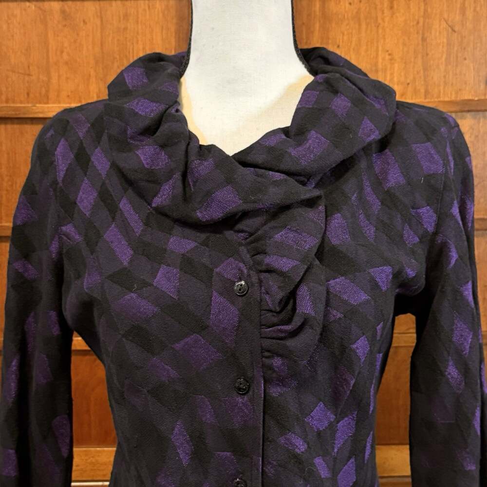 Samuel Dong Purple & Black Geometric Plaid Ruffle Cowl Neck Blouse Blazer Small